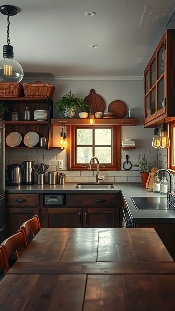 17 Innovative Under Cabinet Lighting Ideas for Your Kitchen 13 A cozy kitchen with vintage-style Edison bulbs under the cabinets, wooden shelves, and a warm atmosphere.