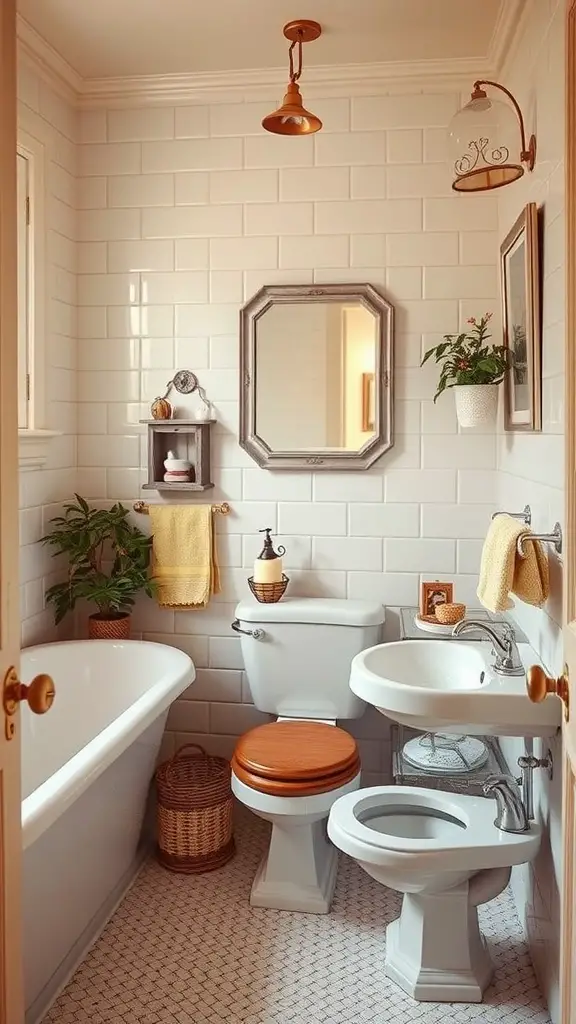 17 Cozy Bathroom Ideas for a Relaxing Retreat 13 Cozy bathroom with vintage accents, featuring white subway tiles, a wooden toilet seat, and warm lighting.