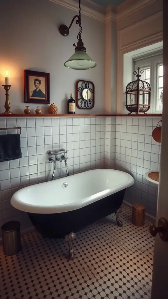 21 Stunning Upstairs Bathroom Ideas You’ll Love 7 A vintage-inspired bathroom featuring a clawfoot tub, classic tile flooring, and warm lighting.