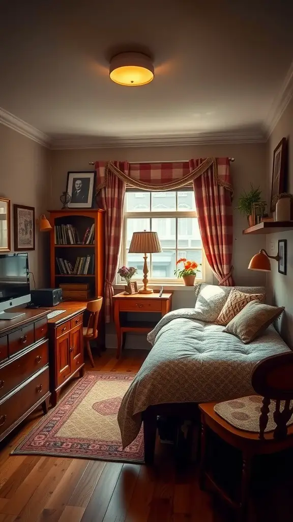 25 Stunning Luxury Dorm Room Ideas to Elevate Your Space 7 Cozy dorm room featuring vintage wooden furniture, a patterned rug, and modern study essentials.