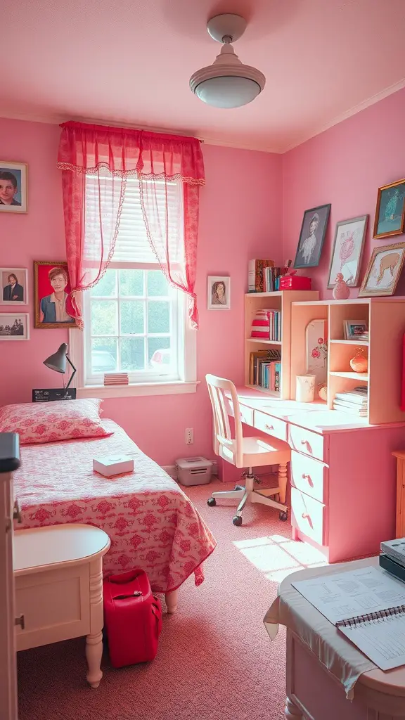 19 Dreamy Pink Dorm Room Ideas to Inspire Your Space 2 A vintage-styled dorm room with pink walls, a floral bedspread, and personal art displays.