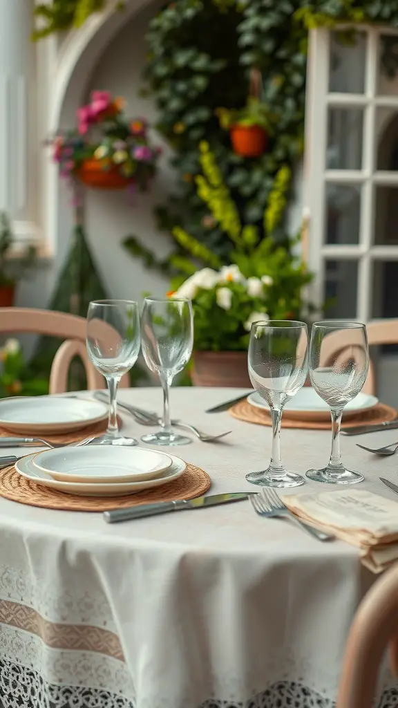 Outdoor table set with vintage cutlery and glassware surrounded by greenery