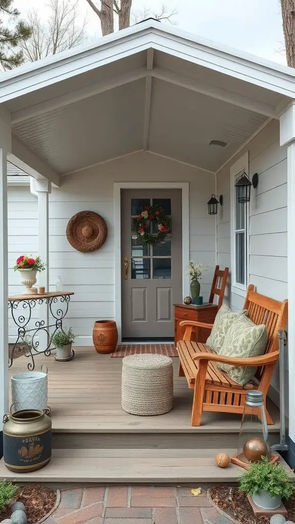 15 Creative Mobile Home Porch Ideas for a Cozy Outdoor Space 7 A vintage farmhouse-style porch featuring wooden seating, decorative plants, and rustic accents.