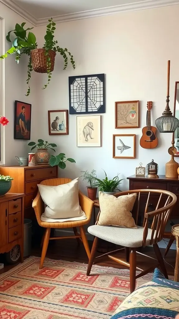 Cozy apartment corner with vintage furniture, plants, and eclectic art.