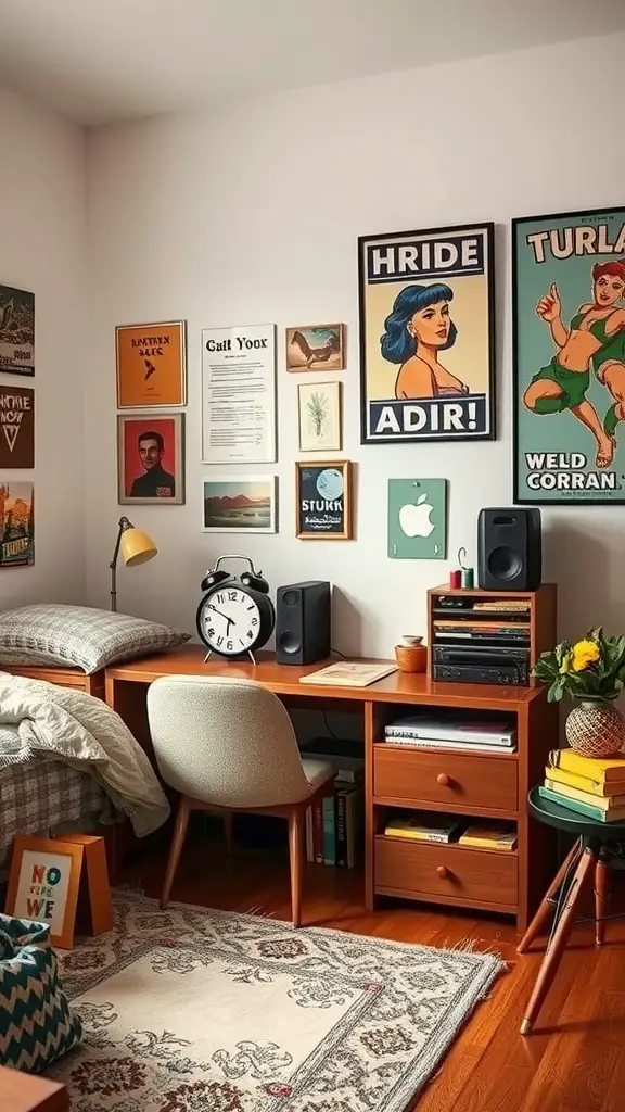 19 Cozy Dorm Room Aesthetic Ideas to Transform Your Space 14 Cozy dorm room featuring vintage decor, including posters, a wooden desk, and patterned rug.