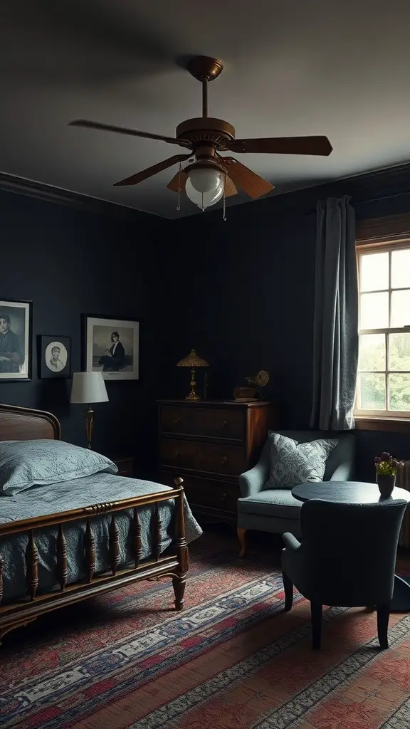 19 Cozy Dark Bedroom Aesthetic Ideas to Transform Your Space 2 A cozy dark bedroom featuring vintage furniture accents, including a wooden bed, nightstand, dresser, and a comfortable accent chair.