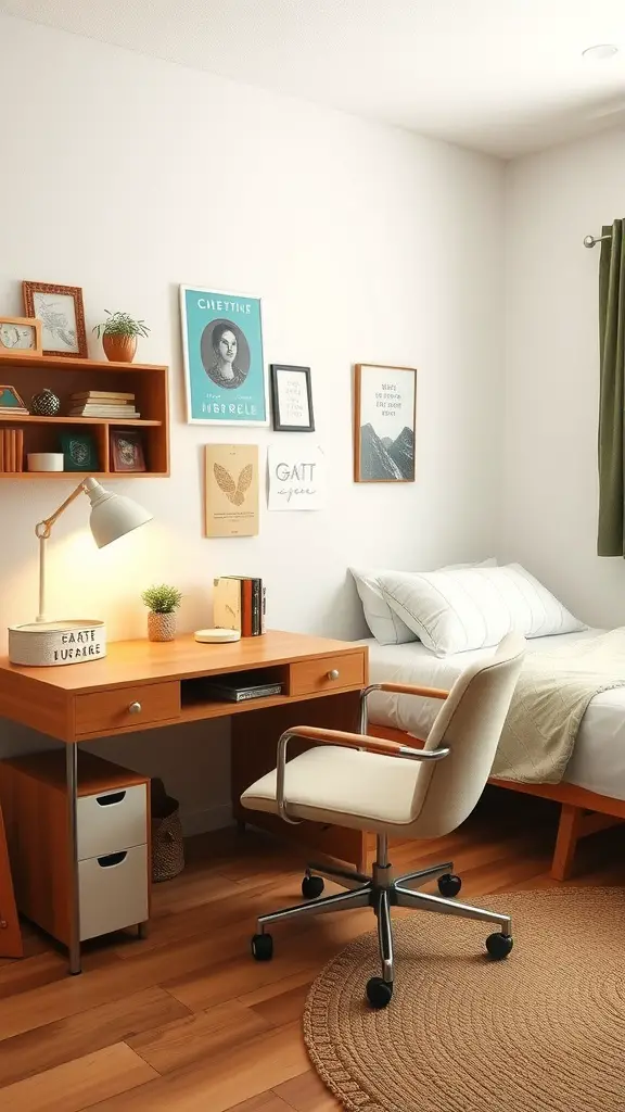19 Aesthetic Dorm Room Ideas You’ll Love 12 A cozy dorm room with vintage furniture accents, including a wooden desk, modern chair, and decorative wall art.