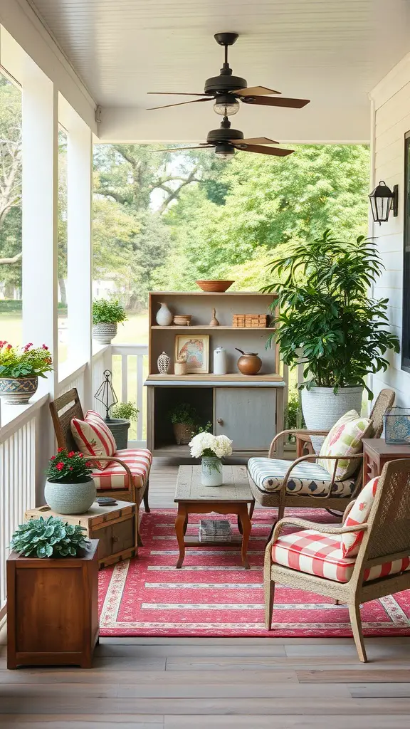 27 Charming Summer Front Porch Decor Ideas You’ll Love 6 A vintage-style front porch with striped cushions, a wooden coffee table, and decorative plants.