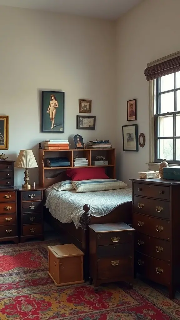 25 Dark Dorm Room Aesthetic Ideas for a Cozy and Chic Vibe 9 A cozy dorm room featuring vintage furniture with dark finishes, including a wooden bed, dressers, and framed artworks.