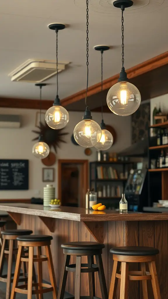 15 Stunning Ceiling Light Ideas to Brighten Your Home 17 Vintage globe pendant lights hanging over a wooden bar with stools.