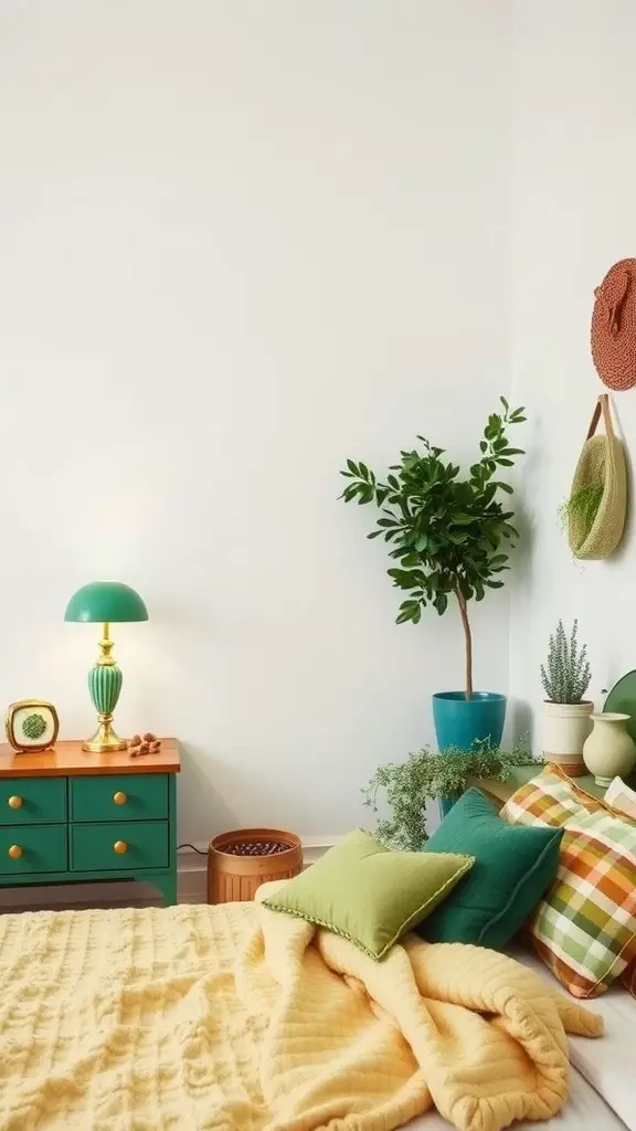 25 Stunning Green and White Bedroom Ideas for a Refreshing Retreat 17 A cozy bedroom featuring vintage green accents with a green nightstand, lamp, pillows, and plants