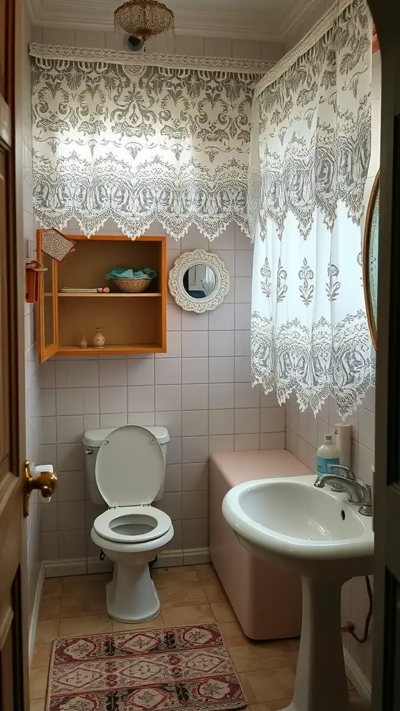 17 Charming Cafe Curtain Ideas for Your Bathroom Style 2 A bathroom with vintage lace curtains, a sink, and a toilet, featuring warm colors and cozy decor.