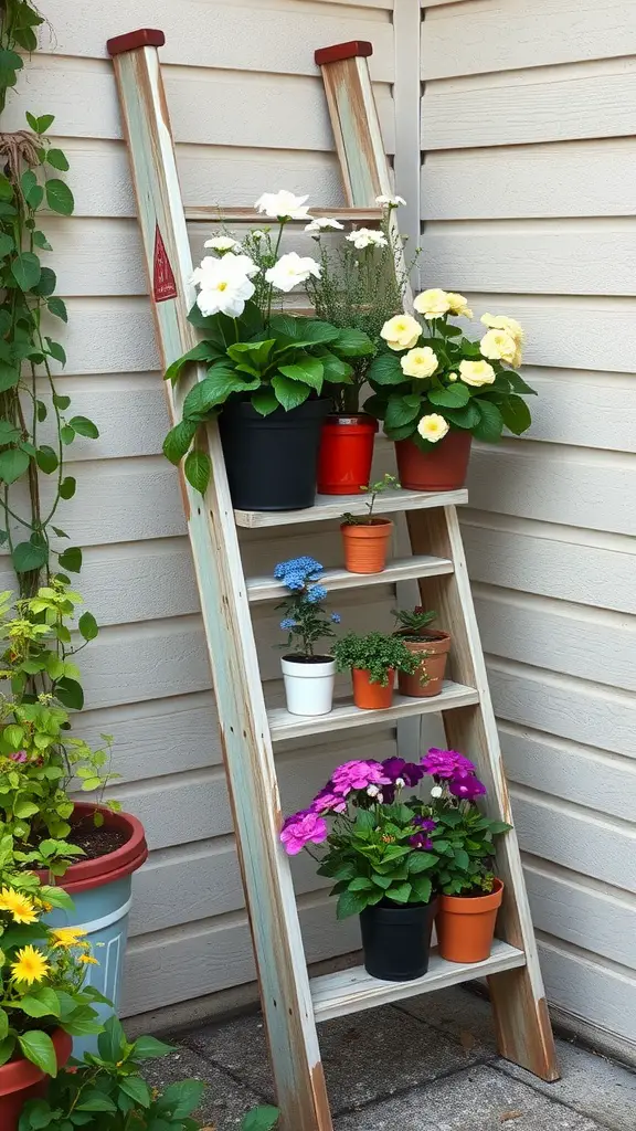 21 Charming Vintage Gardening Ideas to Transform Your Outdoor Space 11 A vintage wooden ladder repurposed as a plant stand, displaying colorful potted flowers.
