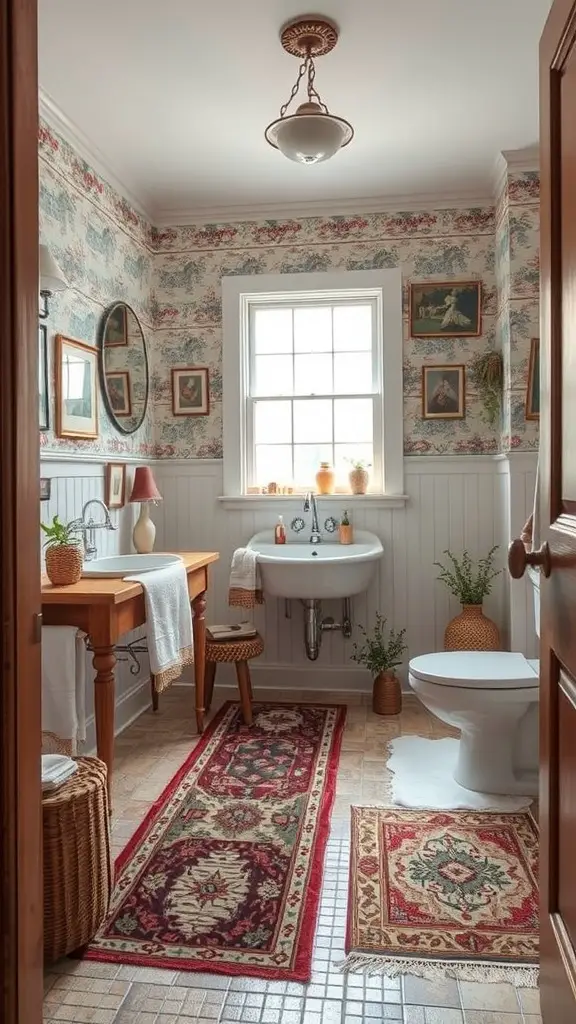 21 Timeless Bathroom Ideas to Transform Your Space 15 A vintage-styled bathroom featuring patterned rugs, wooden furnishings, and decorative elements.