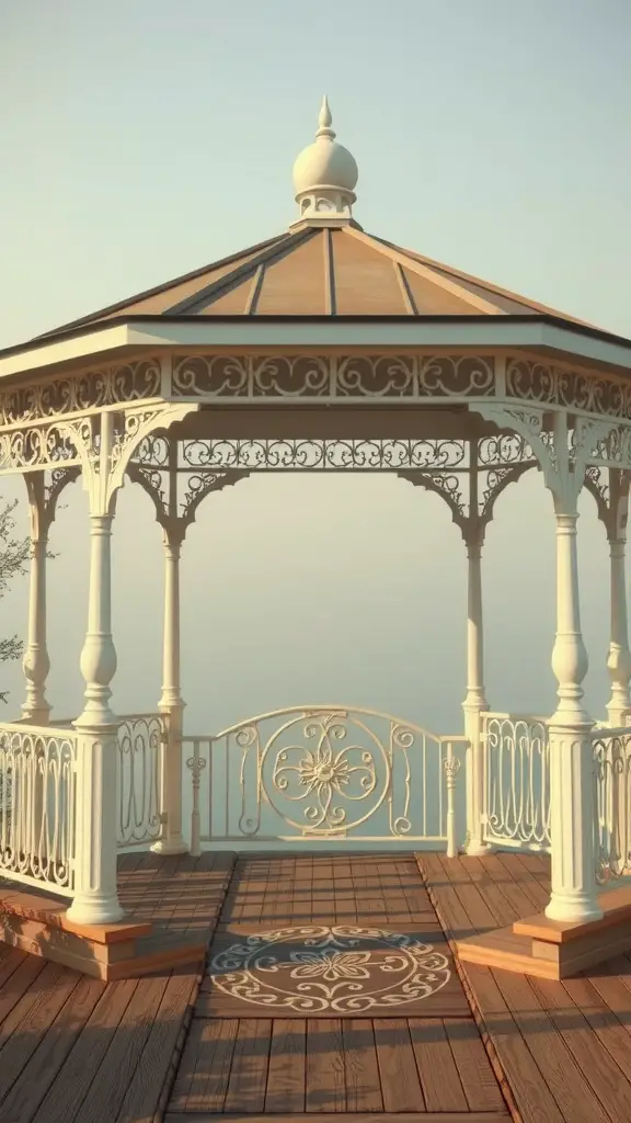 17 Stunning Gazebo Deck Ideas for Your Outdoor Oasis 15 A vintage style gazebo with decorative railings and a wooden deck
