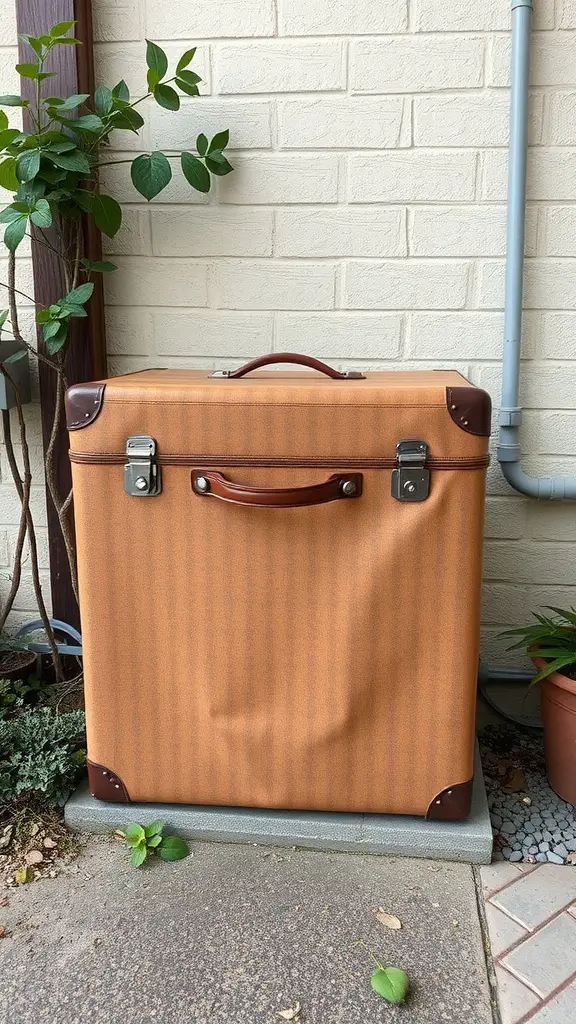 15 Creative Outdoor Ideas for AC Unit Covers 12 A vintage suitcase used as a cover for an outdoor air conditioning unit.