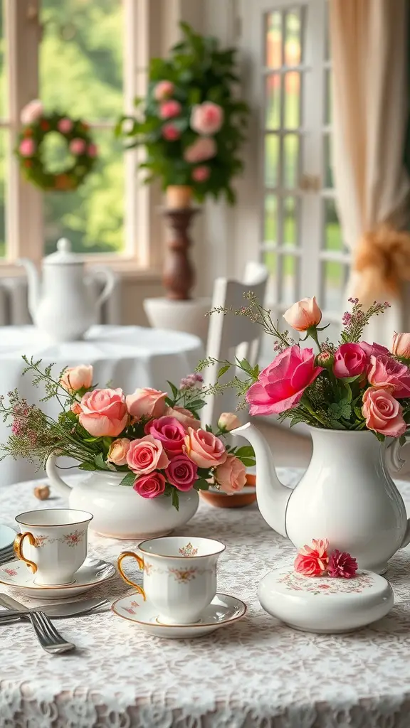 27 Creative Wedding Shower Theme Ideas You’ll Love 8 A beautifully set table for a vintage tea party with floral arrangements and delicate china.