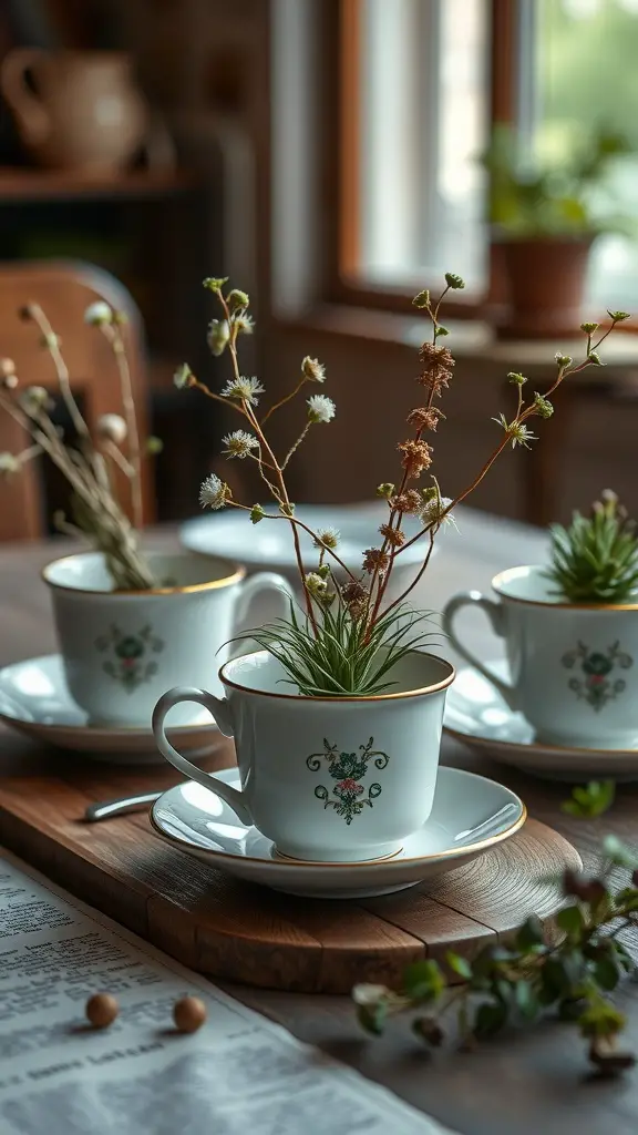 19 Creative Air Plant Display Ideas for Your Home 7 Vintage teacups with air plants arranged on a wooden table