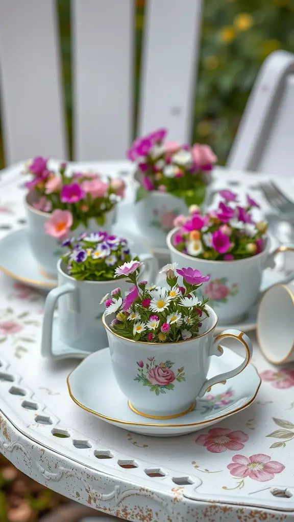 21 Creative Flower Pot Ideas to Brighten Your Space 14 A collection of vintage teacup planters with colorful flowers arranged on a table.