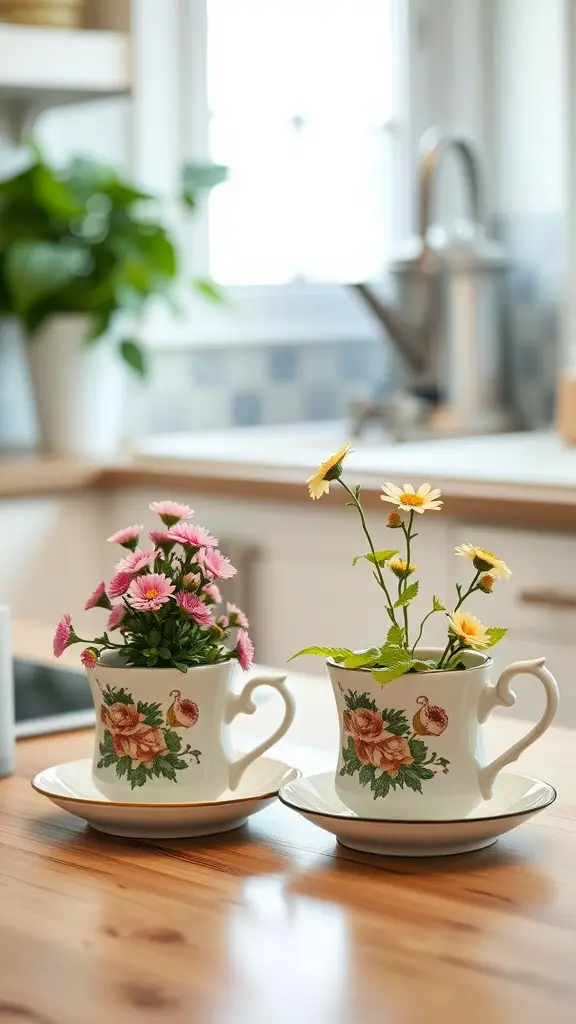 15 Stunning Indoor Flower Pot Ideas for Your Home 5 Vintage teacup planters with flowers in a bright kitchen setting