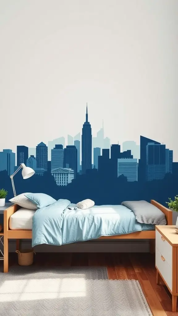 19 Creative Dorm Wall Decor Ideas to Personalize Your Space 5 A dorm room with a blue skyline vinyl decal on the wall
