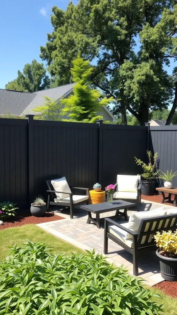 15 Creative DIY Privacy Fence Ideas for Your Backyard 13 A beautiful patio area with a dark vinyl privacy fence, comfortable seating, and vibrant plants.