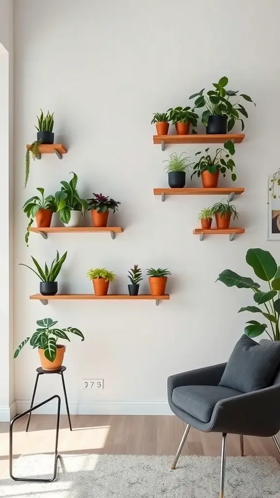 15 Inspiring Living Room Plant Decor Ideas 12 A living room with wall-mounted plant shelves displaying various plants in black and terracotta pots.