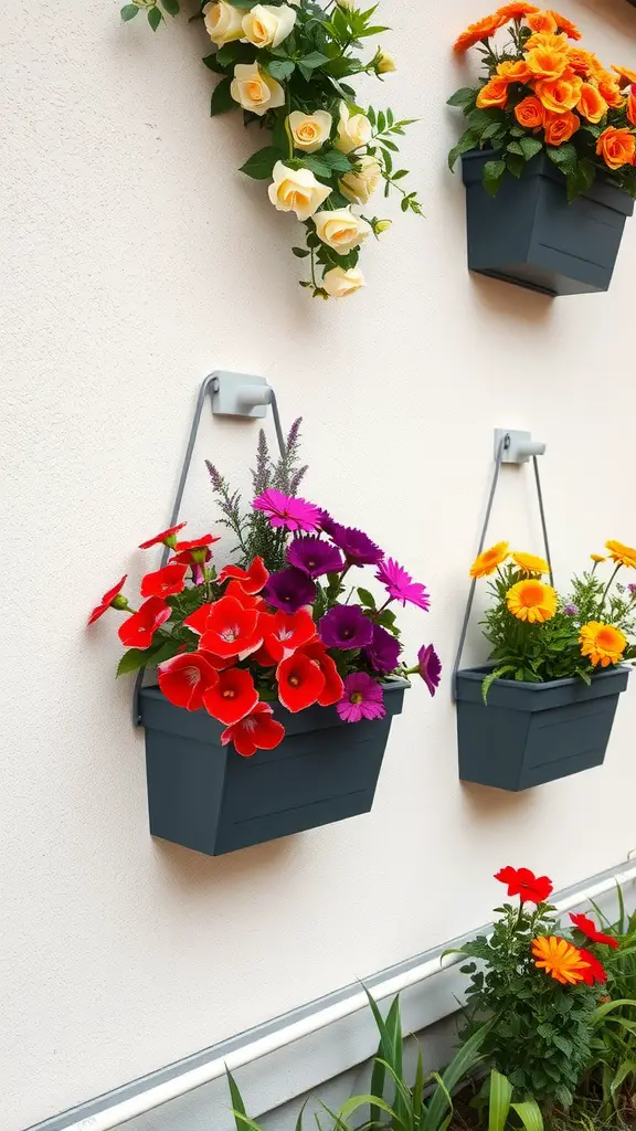 21 Creative Flower Pot Ideas to Brighten Your Space 11 A wall-mounted planter box with colorful flowers, including reds, purples, and oranges.