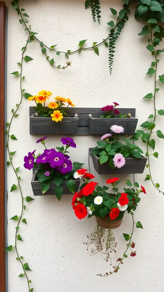 19 Beautiful Indoor Wall Plant Ideas to Transform Your Space 10 Colorful wall-mounted planter boxes with flowers against a neutral wall.