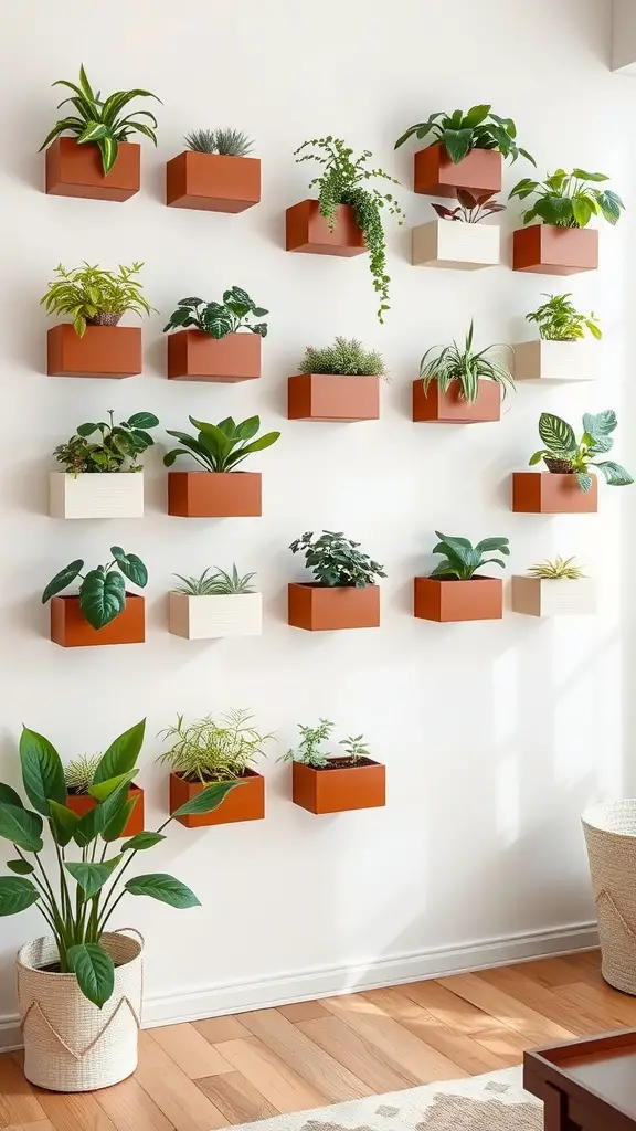 15 Inspiring Living Room Plant Decor Ideas 27 A wall-mounted display of various planter boxes filled with plants, showcasing a lively indoor garden.