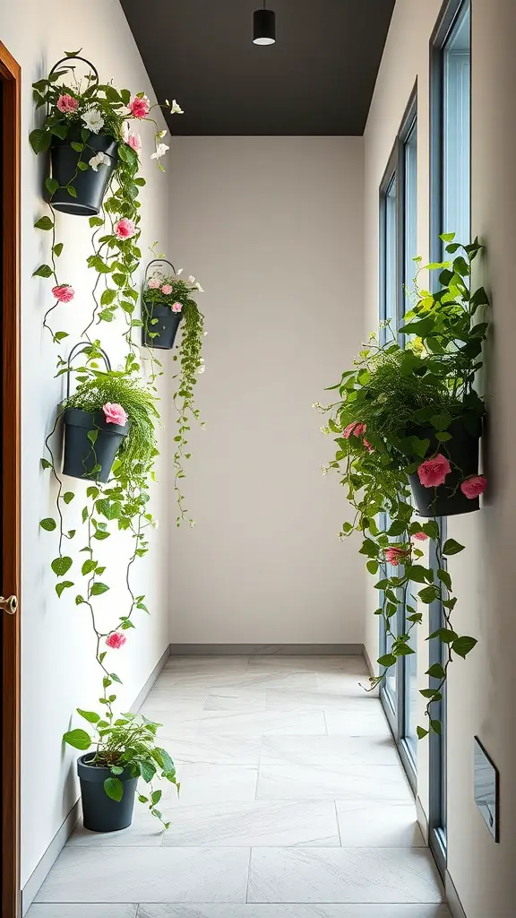 15 Stunning Indoor Flower Pot Ideas for Your Home 9 Wall-mounted planters with green plants and flowers in black pots, displayed in a hallway.