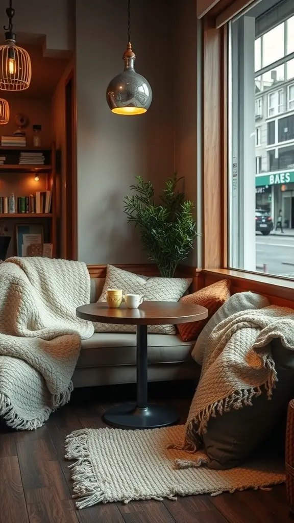 19 Cozy Cafe Ideas to Inspire Your Perfect Coffee Shop Theme 10 A cozy cafe nook featuring a sofa with warm blankets and cushions, a small table with cups, and a lamp creating a warm atmosphere.