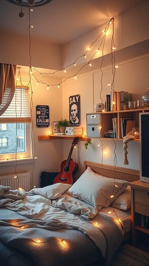 19 Cozy Dorm Room Aesthetic Ideas to Transform Your Space 6 Cozy dorm room with warm fairy lights strung across the walls and a neatly made bed.