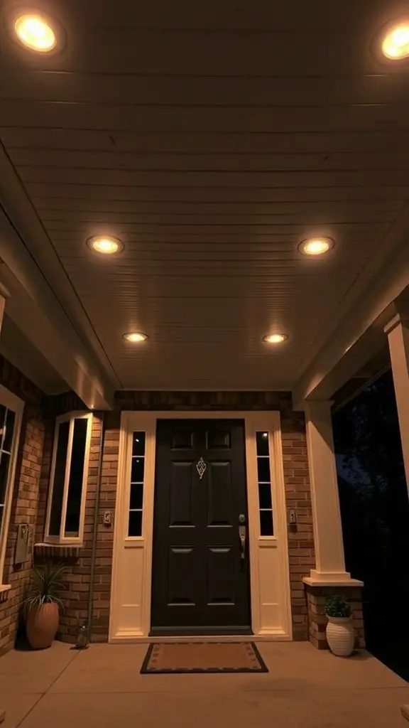 15 Creative Front Porch Lighting Ideas for a Stunning Entryway 12 A front porch with warm recessed lighting illuminating the entryway.