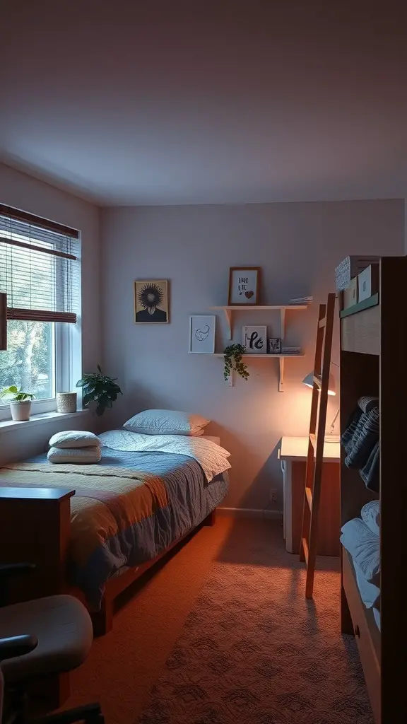 19 Cozy Earthy Dorm Room Ideas to Create Your Peaceful Retreat 14 A cozy dorm room with warm lighting and a soft color palette.