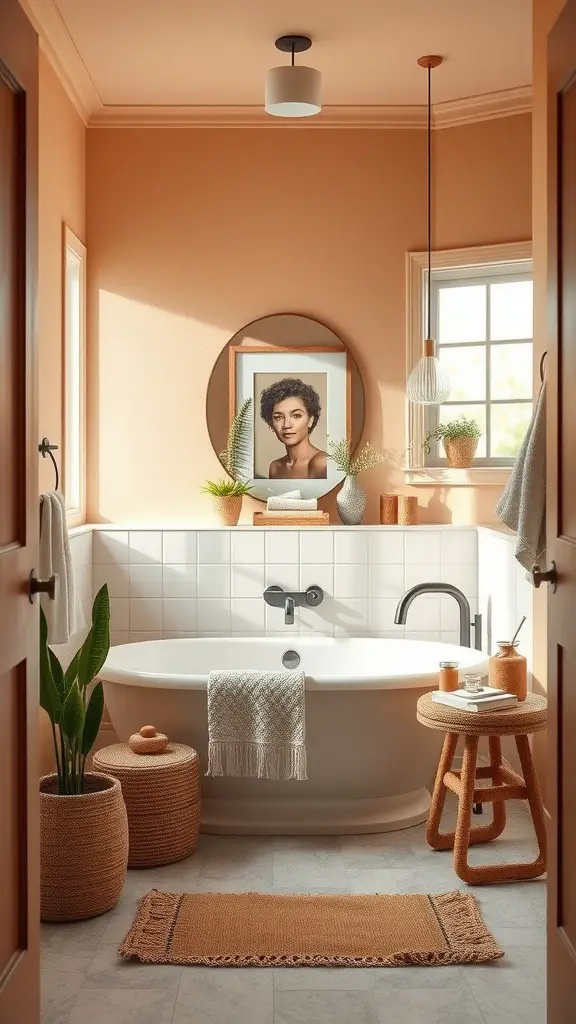 17 Cozy Bathroom Ideas for a Relaxing Retreat 7 Cozy bathroom with warm neutral colors, featuring peach walls, plants, and a soaking tub.