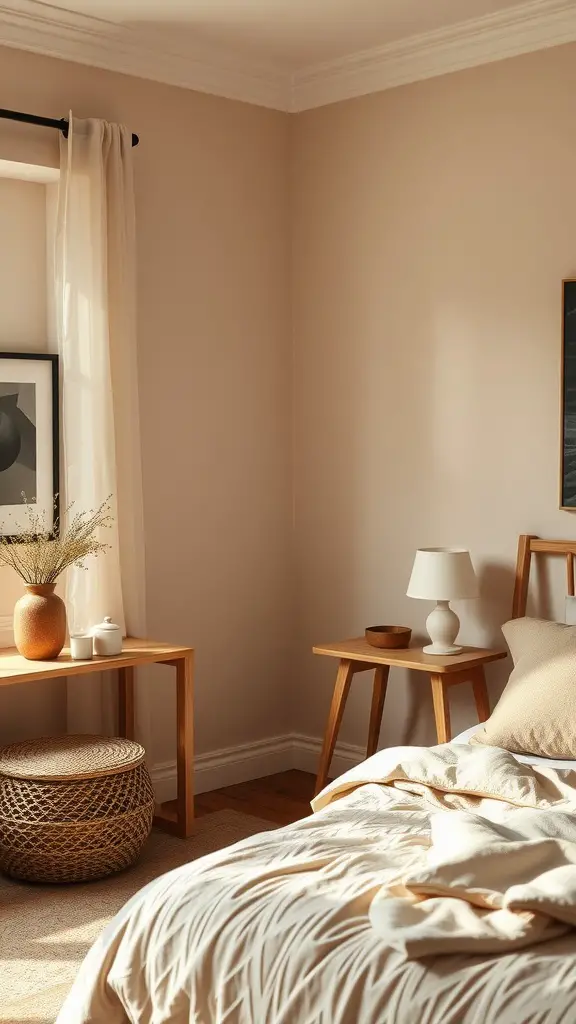 15 Cozy Apartment Bedroom Ideas for Ultimate Comfort 4 Cozy bedroom corner with warm neutral color palette and wooden furniture