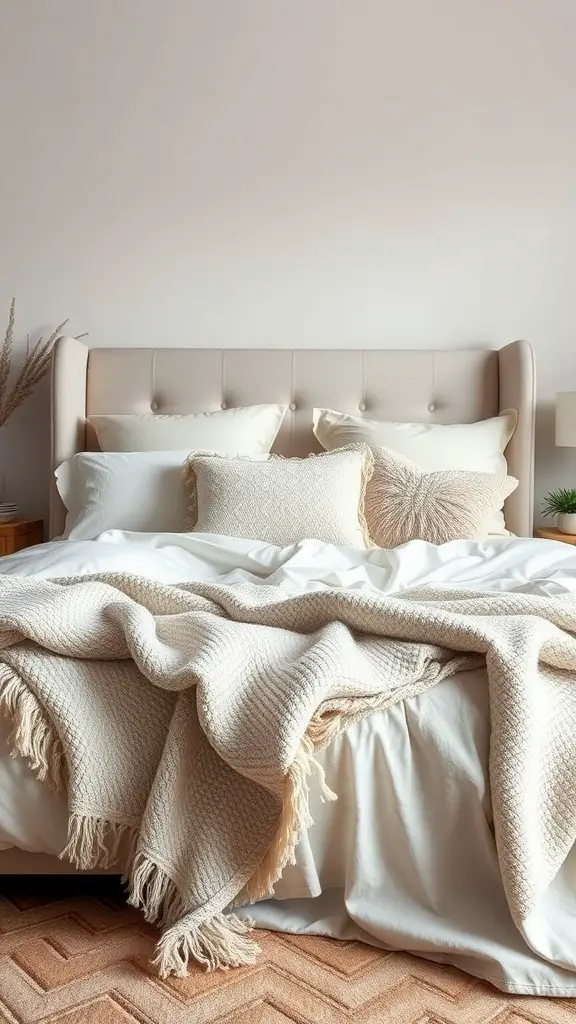 19 Cozy Master Bedroom Decor Ideas for Ultimate Comfort 2 A cozy master bedroom with layered bedding featuring warm textiles and decorative pillows.