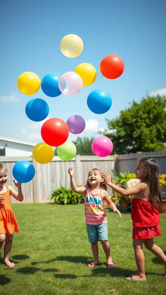 25 Exciting Outdoor Games for Fun-filled Adventures 10 Kids playing with colorful water balloons in a backyard.