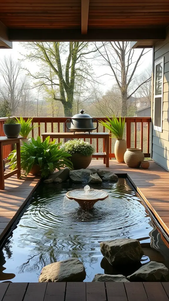 19 Inspiring Front Deck Ideas You'll Love 15 A tranquil front deck with a water feature, surrounded by plants and a scenic view.