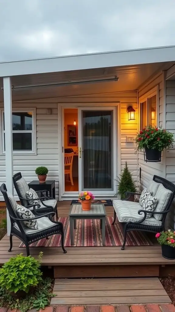 15 Creative Mobile Home Porch Ideas for a Cozy Outdoor Space 15 A cozy mobile home porch featuring weather-resistant furniture including two chairs, a table, and plants.