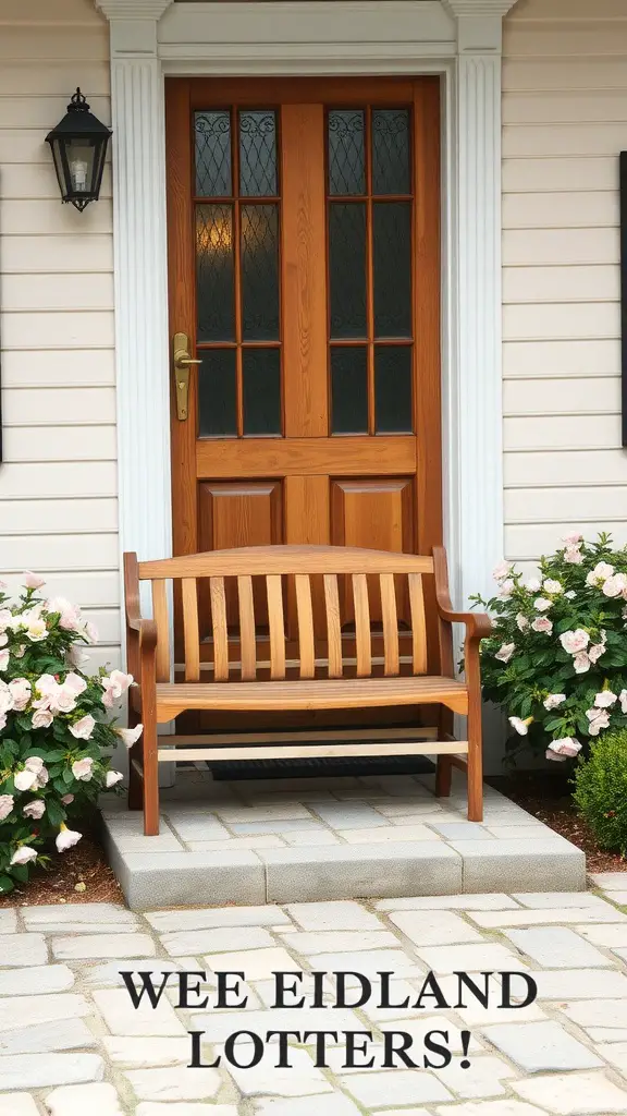 25 Stunning Front Entry Landscaping Ideas for a Welcoming Home 11 A cozy wooden bench on a stone platform at a front entry, surrounded by flowering shrubs