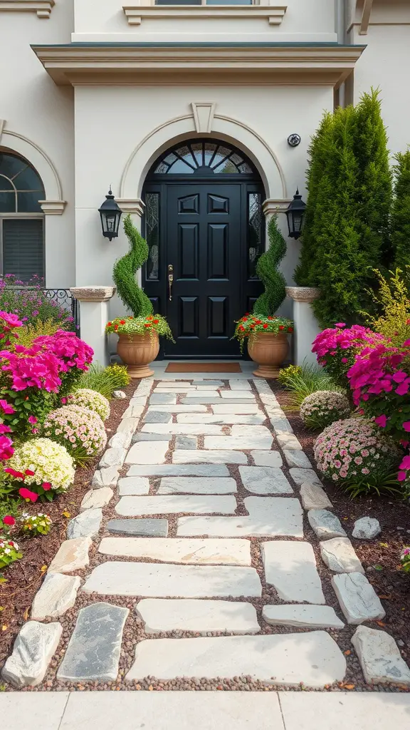 A welcoming stone pathway leading to a black front door, flanked by colorful flowers and decorative plants.