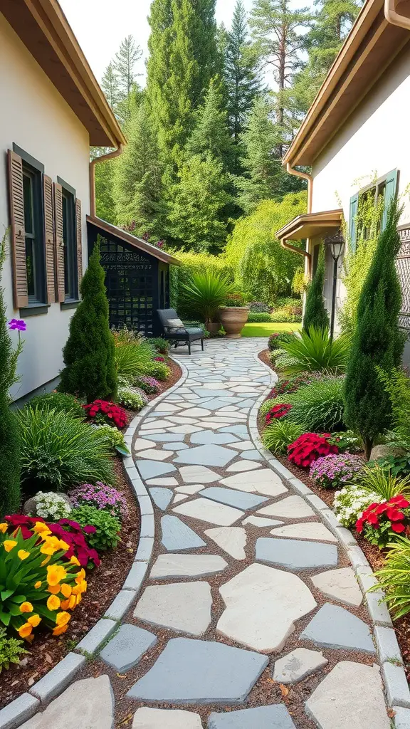 25 Stunning Front Entry Landscaping Ideas for a Welcoming Home 5 A winding stone pathway between two homes, bordered by colorful flower beds and a bench.