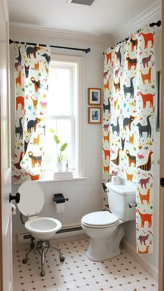 17 Charming Cafe Curtain Ideas for Your Bathroom Style 12 Bathroom with colorful cafe curtains featuring whimsical animal prints