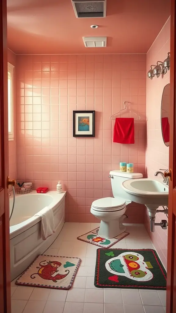 15 Fabulous 70s Bathroom Aesthetic Ideas to Inspire Your Renovation 15 A colorful 70s bathroom featuring whimsical bath mats, including a monkey and a monster design, with pink tiled walls.