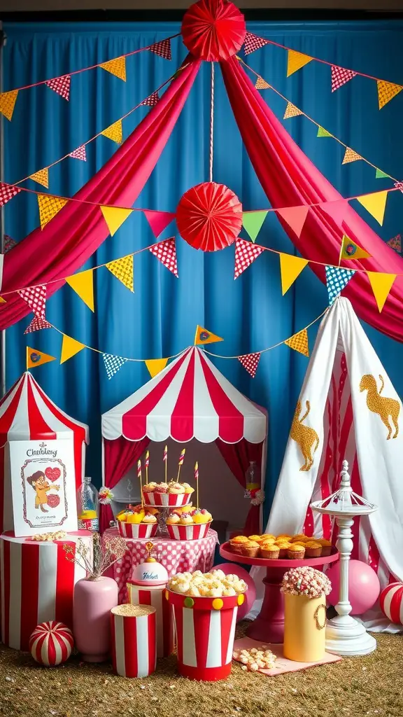 27 Creative Wedding Shower Theme Ideas You’ll Love 12 A colorful circus-themed setup with red and yellow decorations, tents, and festive treats.