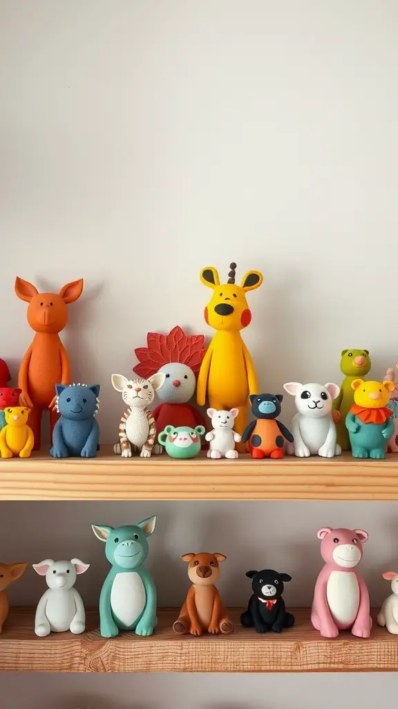 23 Creative Clay Art Ideas to Inspire Your Next Project 2 A vibrant display of whimsical clay animal figurines on wooden shelves