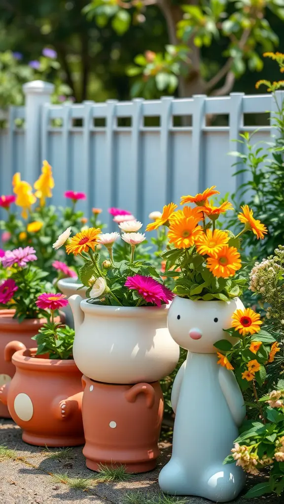 Colorful whimsical container garden with unique planters and vibrant flowers