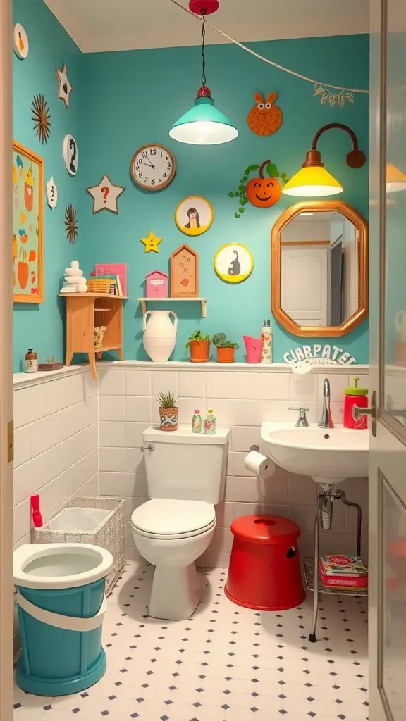 21 Stunning Upstairs Bathroom Ideas You’ll Love 10 A colorful and whimsical upstairs bathroom with blue walls, quirky wall decor, and vibrant accents.